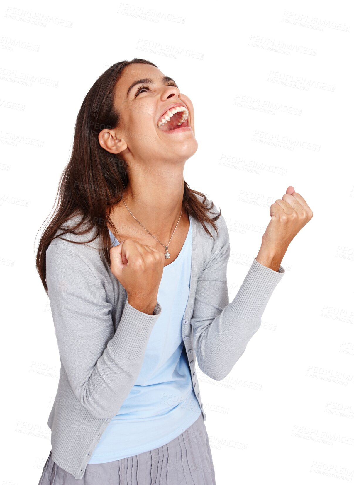 Buy stock photo Winner, excited and woman in celebration of success isolated on a transparent png background. Happiness, winning and female person celebrate achievement, lottery win or competition, prize or bonus.