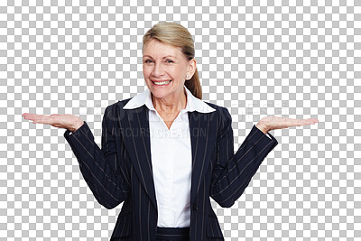 Buy stock photo Portrait, shrugging and PNG with a business woman isolated on a transparent background to weigh her options. Happy, smile or whatever and a mature female employee standing to gesture with a shrug