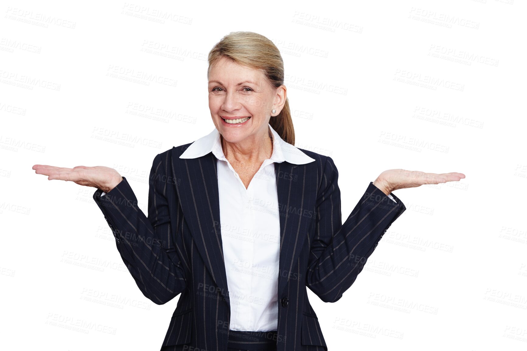 Buy stock photo Portrait, shrugging and PNG with a business woman isolated on a transparent background to weigh her options. Happy, smile or whatever and a mature female employee standing to gesture with a shrug