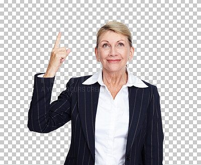 Buy stock photo Business woman, happy and pointing up while isolated on transparent png background. Mature female manager advertising promotion, news review or presentation of deal, choice or sales offer coming soon