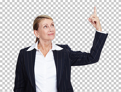 Buy stock photo Looking, pointing and senior business woman with gesture for work, advertising or marketing. Promotion, corporate branding and an elderly worker gesturing isolated on transparent png background