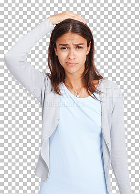 Buy stock photo Portrait, thinking and PNG with a confused woman isolated on a transparent background while touching her head. Doubt, question and unsure with a young female feeling uncertain about her decision