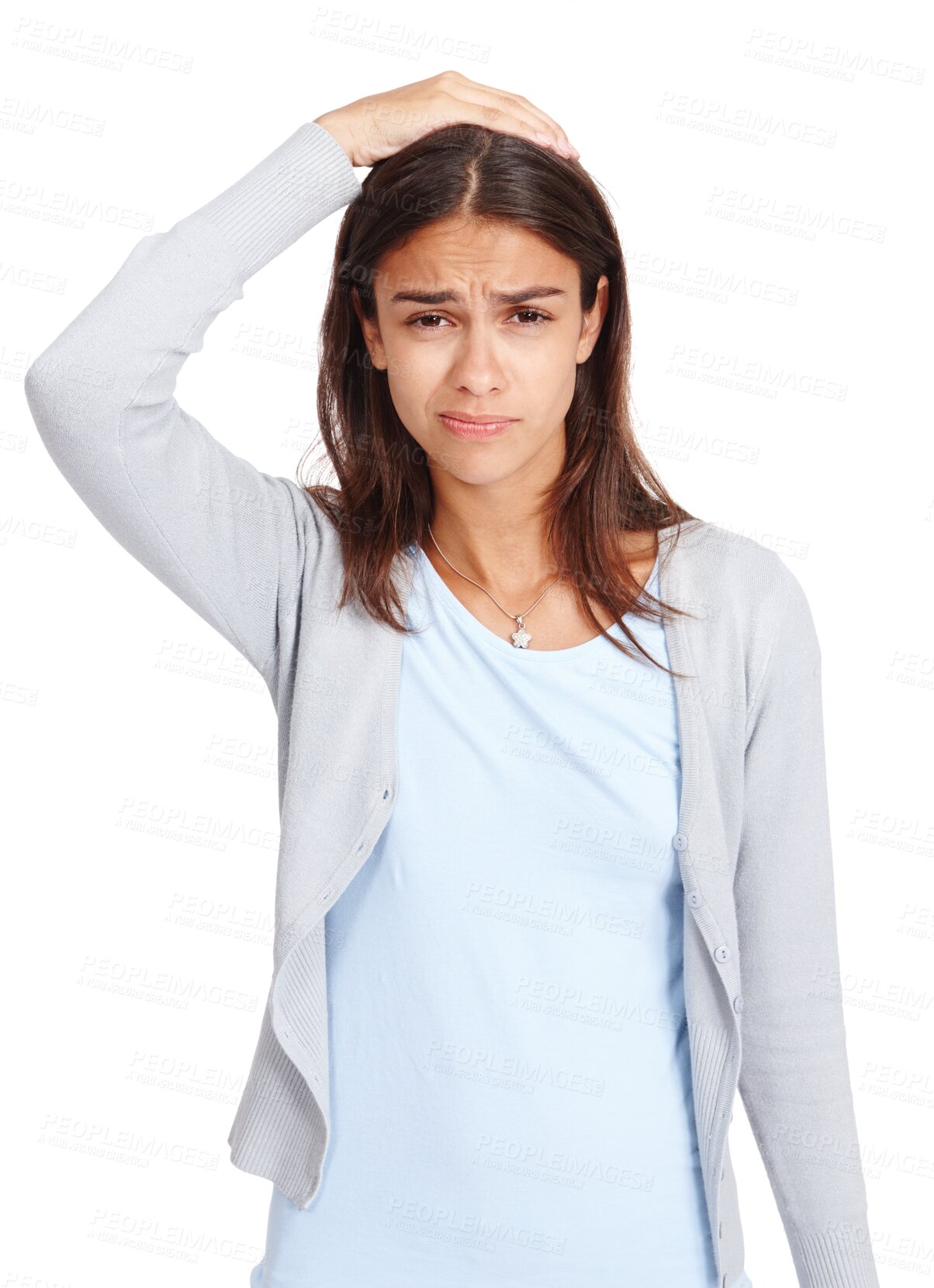 Buy stock photo Portrait, thinking and PNG with a confused woman isolated on a transparent background while touching her head. Doubt, question and unsure with a young female feeling uncertain about her decision