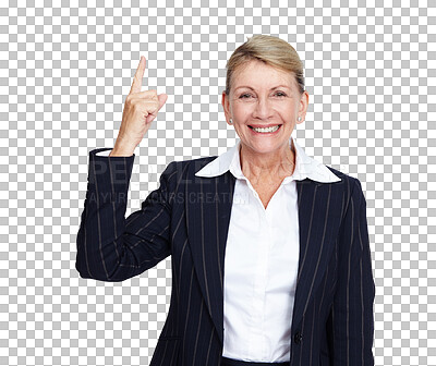 Buy stock photo Portrait, pointing and PNG with a business woman isolated on a transparent background as a brand ambassador. Happy, smile and hand gesture with a senior employee standing to point up at a brand logo 