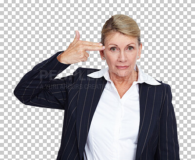 Buy stock photo Portrait, suicide and PNG with a business woman isolated on a transparent background holding a finger gun. Mental health, burnout and depression with a senior female employee feeling overworked