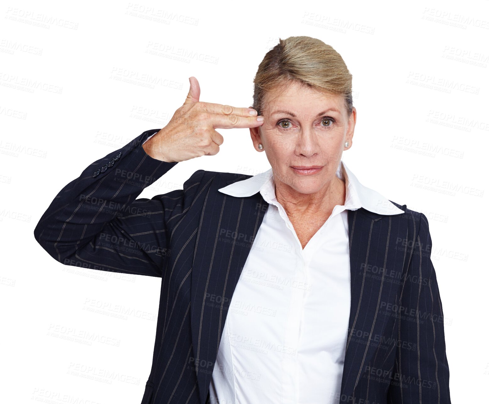 Buy stock photo Portrait, suicide and PNG with a business woman isolated on a transparent background holding a finger gun. Mental health, burnout and depression with a senior female employee feeling overworked