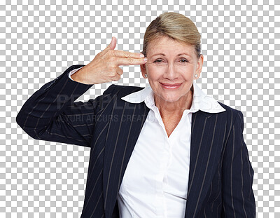 Buy stock photo Business, hand gun or portrait of woman with mental health problem, anxiety or lady isolated on transparent studio background. Face, female or worker with depression, crisis or stress on png backdrop