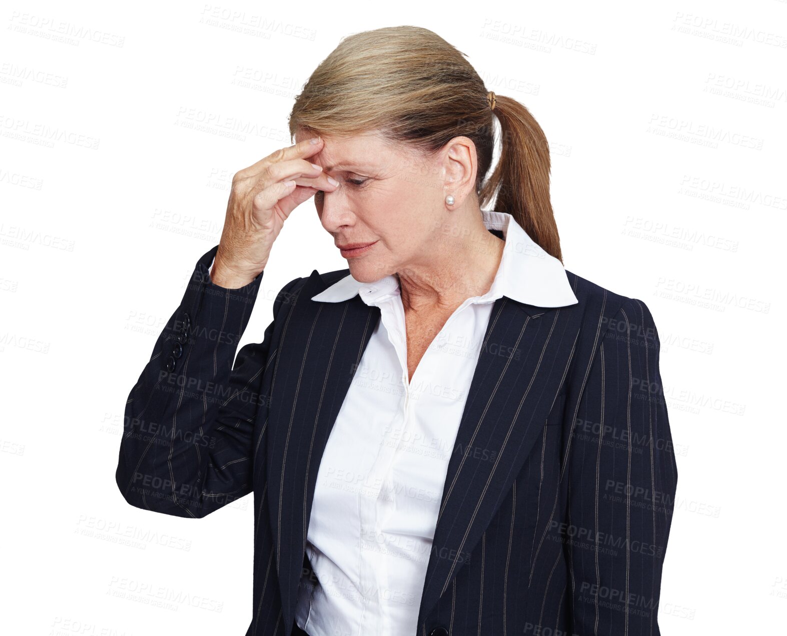 Buy stock photo Mental health, stress or woman with headache problem, work burnout and depressed over job mistake. Career fail, depression crisis or sad corporate employee isolated on a transparent png background