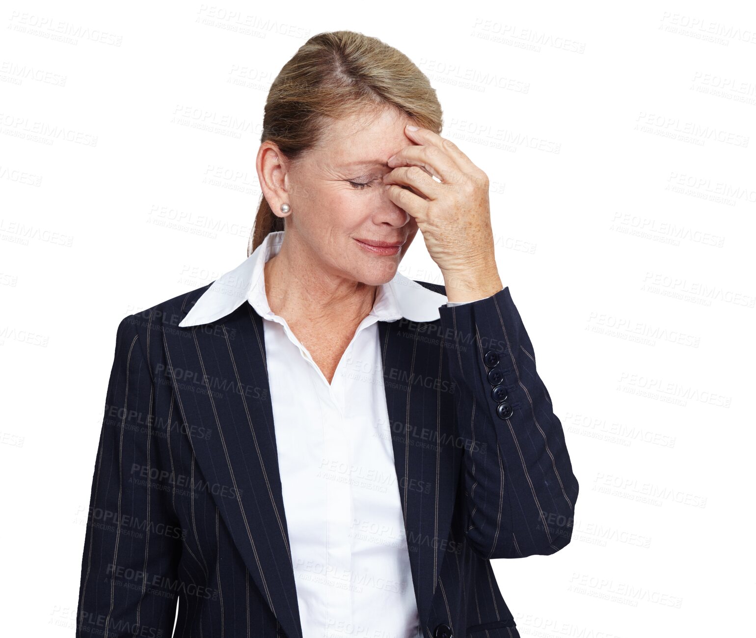 Buy stock photo Business, burnout or woman with a headache, stress or exhausted lady isolated on a transparent studio background. Female employee, worker or person with a migraine, anxiety or issue on a png backdrop