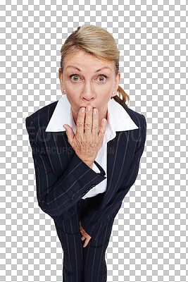 Buy stock photo Portrait, wow and woman with surprise, secret and lady isolated on a transparent studio background. Face, female employee and senior worker with shock, office gossip and announcement on png backdrop