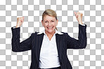 A Business woman, winner and success with professional achievement, goals and leadership. Champion, portrait and corporate win with happy senior executive and motivation isolated on a png background