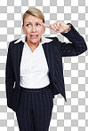 Thinking, stress and business woman with mental health burnout isolated on a png background in studio. Idea, corporate and frustrated senior worker with professional anxiety on a studio background