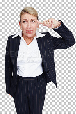 Buy stock photo Thinking, stress and mature businesswoman in a studio with a upset or frustrated face expression. Idea, corporate and professional senior female model with serious gesture isolated by png background.