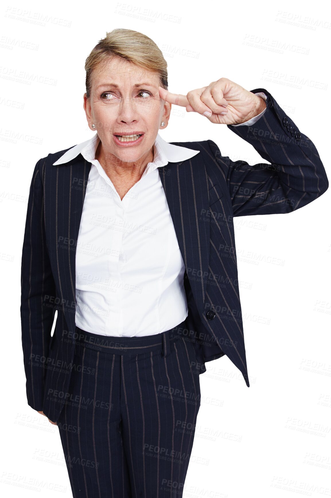 Buy stock photo Thinking, stress and mature businesswoman in a studio with a upset or frustrated face expression. Idea, corporate and professional senior female model with serious gesture isolated by png background.