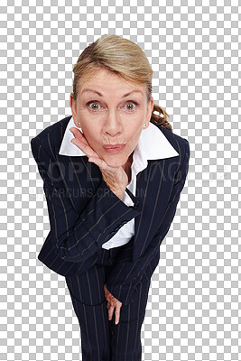 Buy stock photo Wow, surprise and portrait of business woman isolated on transparent png background for office gossip. Corporate fashion, manager and senior worker listening for information and secret with shock