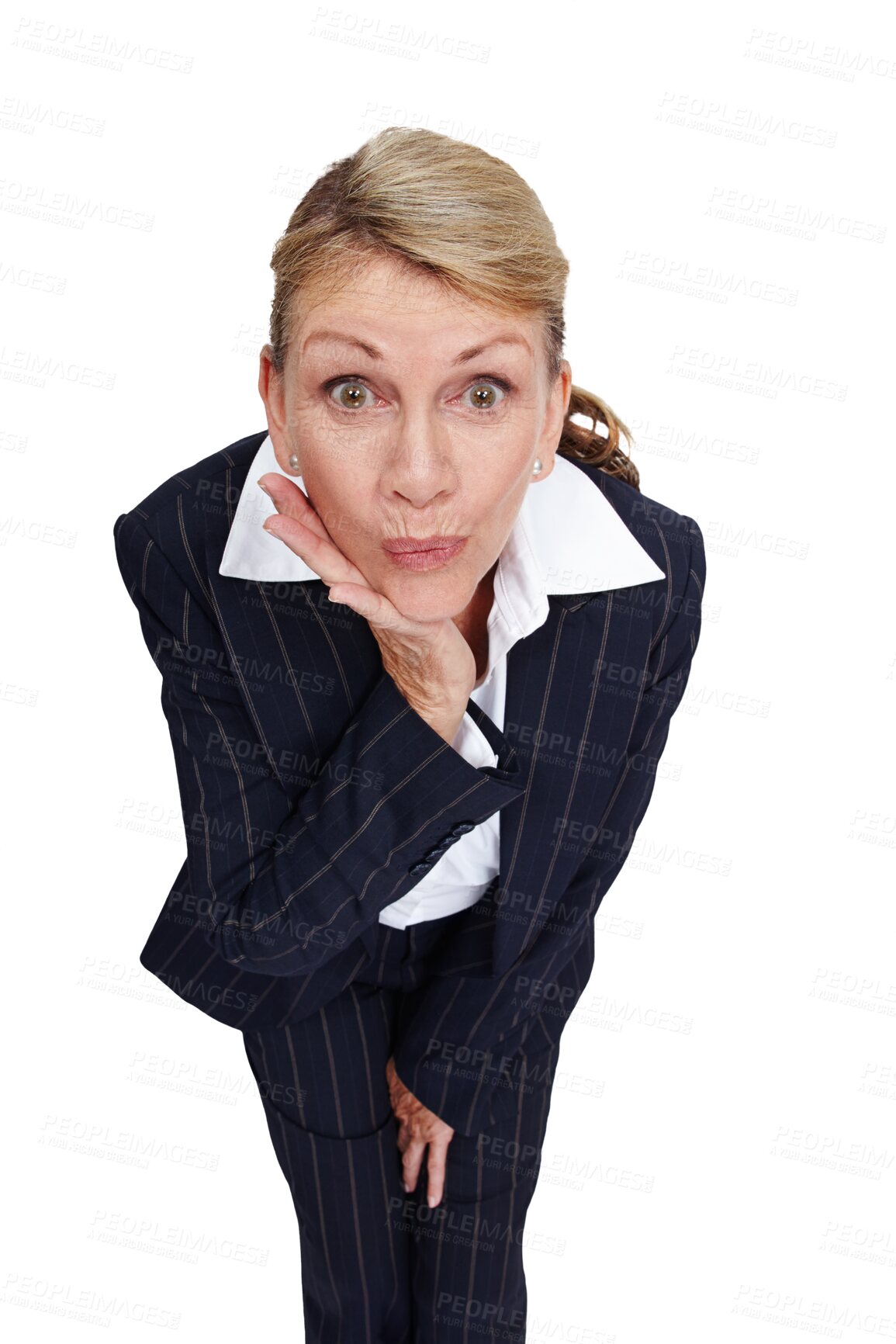 Buy stock photo Wow, surprise and portrait of business woman isolated on transparent png background for office gossip. Corporate fashion, manager and senior worker listening for information and secret with shock