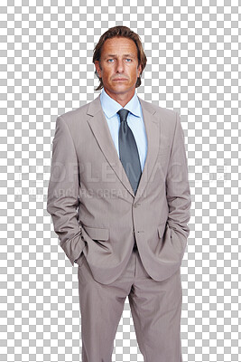 Buy stock photo Portrait, serious and mature business man isolated on a transparent png background. Ceo, professional male and confident, hands in pocket and entrepreneur from Canada with pride for career or job.