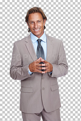 Buy stock photo Portrait, happy and mature business man isolated on a transparent png background. Ceo, professional male and executive or confident entrepreneur from Canada with pride for career, job and success.