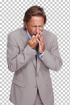 Buy stock photo Businessman, toothache and pain from medical emergency, cavity or tooth accident. Sick, dental teeth problem, and man with mouth inflammation and gum disease isolated on a transparent png background