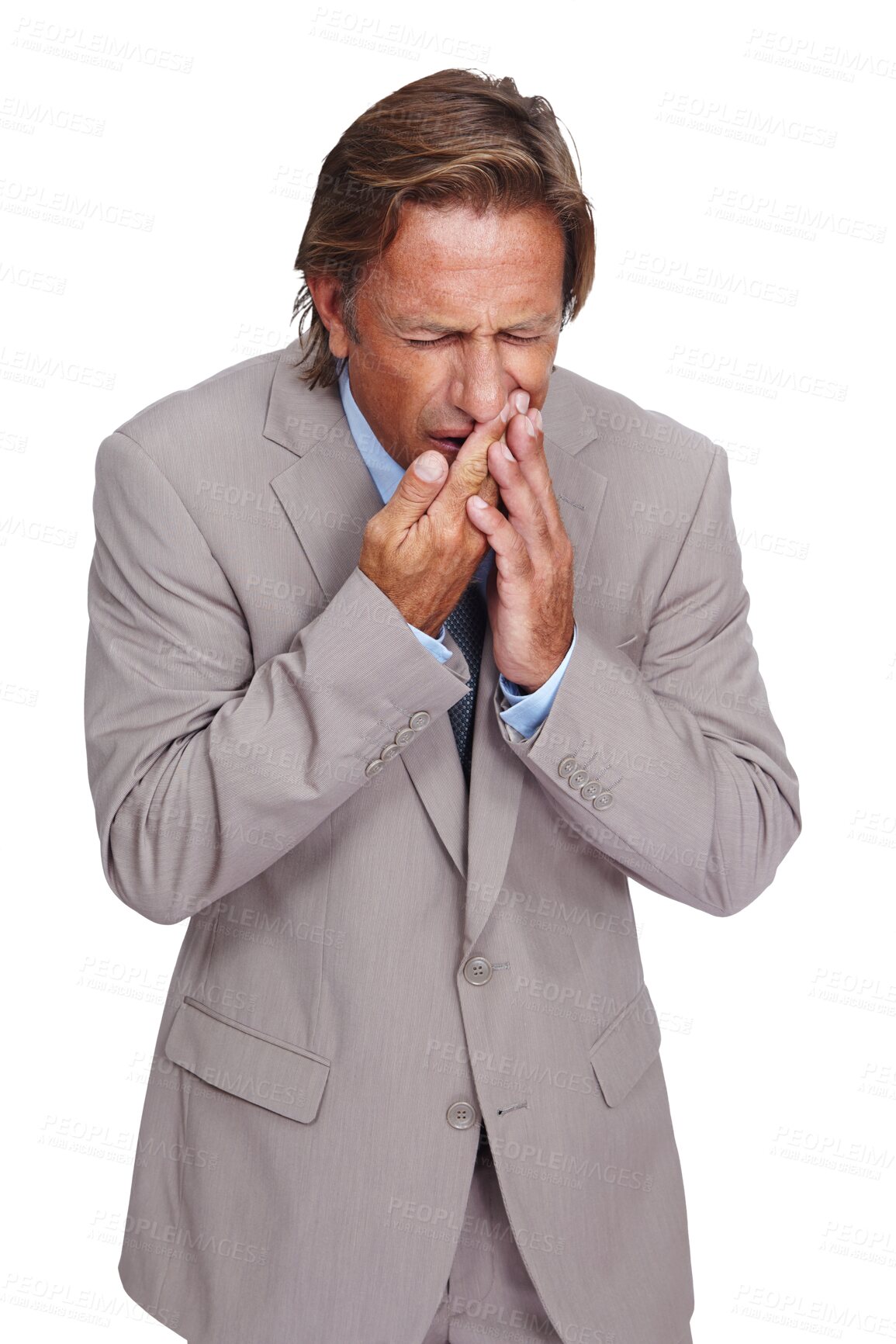 Buy stock photo Businessman, toothache and pain from medical emergency, cavity or tooth accident. Sick, dental teeth problem, and man with mouth inflammation and gum disease isolated on a transparent png background