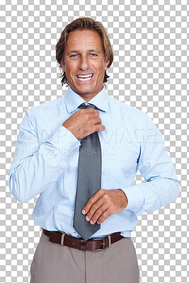 Buy stock photo Portrait, tie and PNG with a business man isolated on a transparent background, getting ready for work. Professional, corporate and fashion with a mature male employee preparing for management