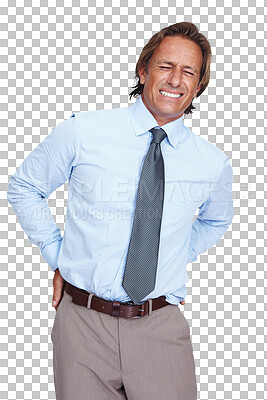 Buy stock photo Business, back pain and man with injury, problem and guy isolated against a transparent studio background. Male employee, worker and consultant with strain, muscle tension and issue on png backdrop