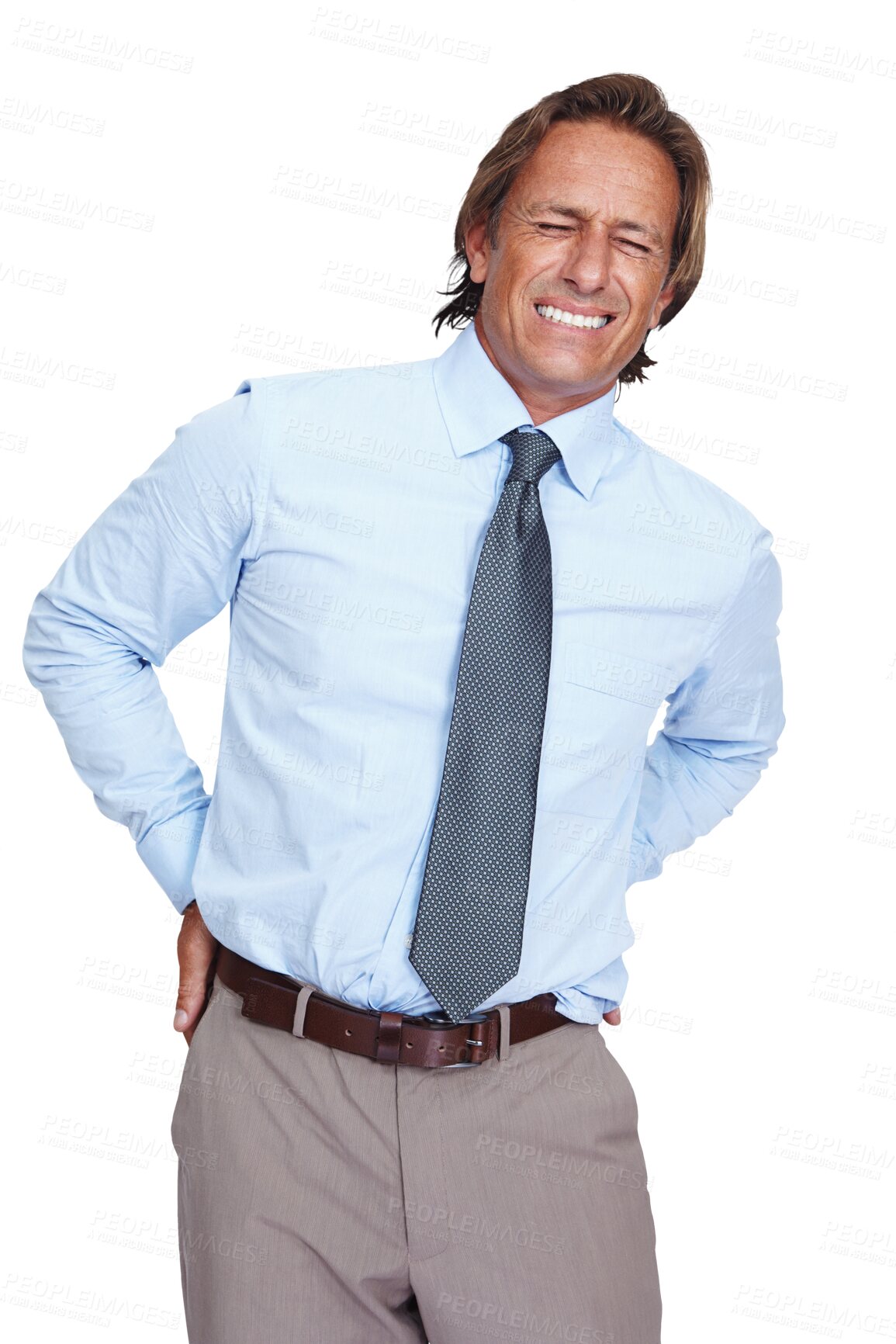 Buy stock photo Business, back pain and man with injury, problem and guy isolated against a transparent studio background. Male employee, worker and consultant with strain, muscle tension and issue on png backdrop