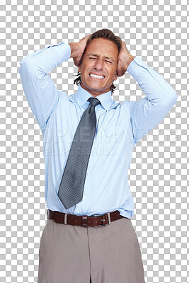 Buy stock photo Stress, burnout and anxiety headache of a businessman overwhelmed with career problem or fail. Mental breakdown, frustrated and tired corporate man depressed isolated on a transparent png background