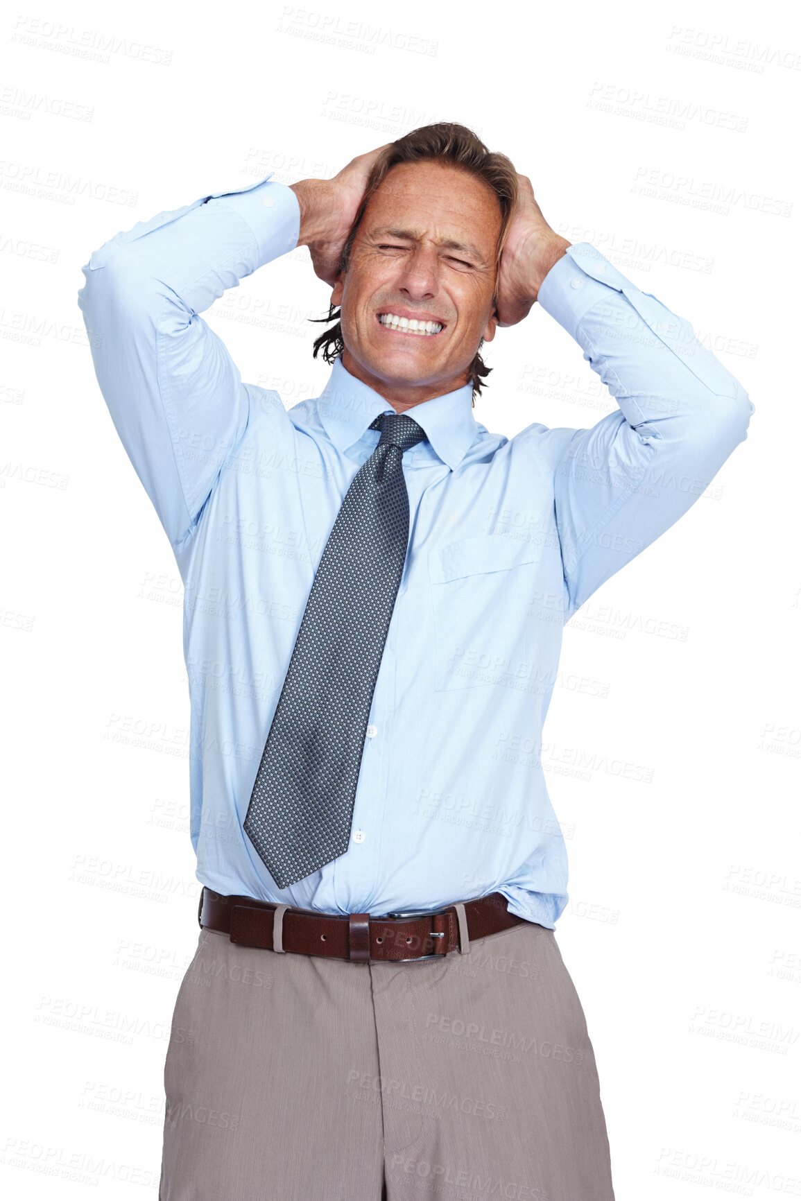 Buy stock photo Stress, burnout and anxiety headache of a businessman overwhelmed with career problem or fail. Mental breakdown, frustrated and tired corporate man depressed isolated on a transparent png background