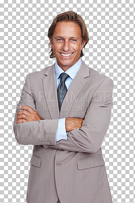 Buy stock photo Portrait, happy and business man with arms crossed isolated on a transparent png background. Ceo, professional male and executive, confident or mature entrepreneur from Canada with pride for career.