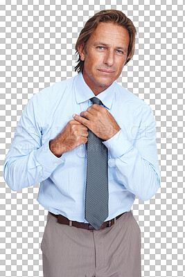 Buy stock photo Portrait, tie and transparent with a business man isolated on a PNG background, getting ready for work. Professional, corporate and fashion with a mature male employee preparing for management