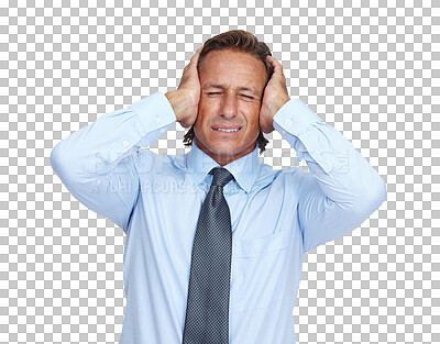 Buy stock photo Stress, headache and PNG with a business man isolated on a transparent background suffering from burnout. Mental health, compliance and anxiety with a mature male employee holding his head in pain