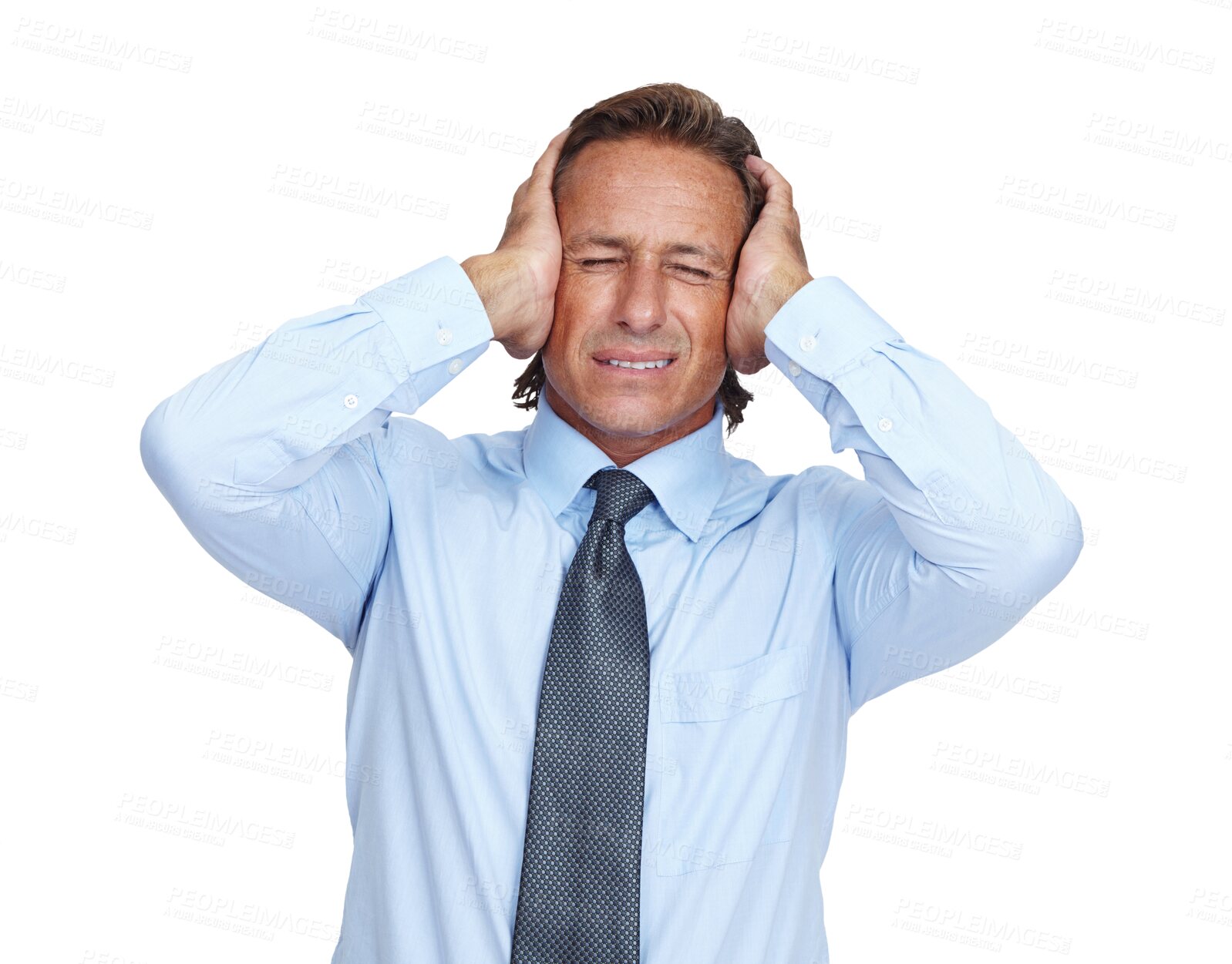 Buy stock photo Stress, headache and PNG with a business man isolated on a transparent background suffering from burnout. Mental health, compliance and anxiety with a mature male employee holding his head in pain