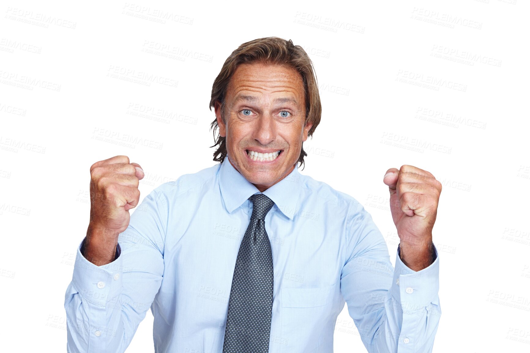 Buy stock photo Portrait, winner and business man celebrate isolated on a transparent png background. Success, celebration and mature person excited for winning, promotion or bonus, goal achievement or good news.