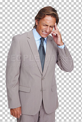 Buy stock photo Anxiety, headache and PNG with a business man isolated on a transparent background suffering from burnout. Mental health, compliance and stress with a mature male employee holding his head in pain