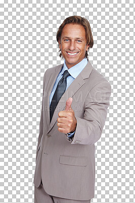 Buy stock photo Portrait, smile and business man with thumbs up isolated on a transparent png background. Success, hand gesture and mature person with like emoji for agreement, excellence or yes, approval or winning