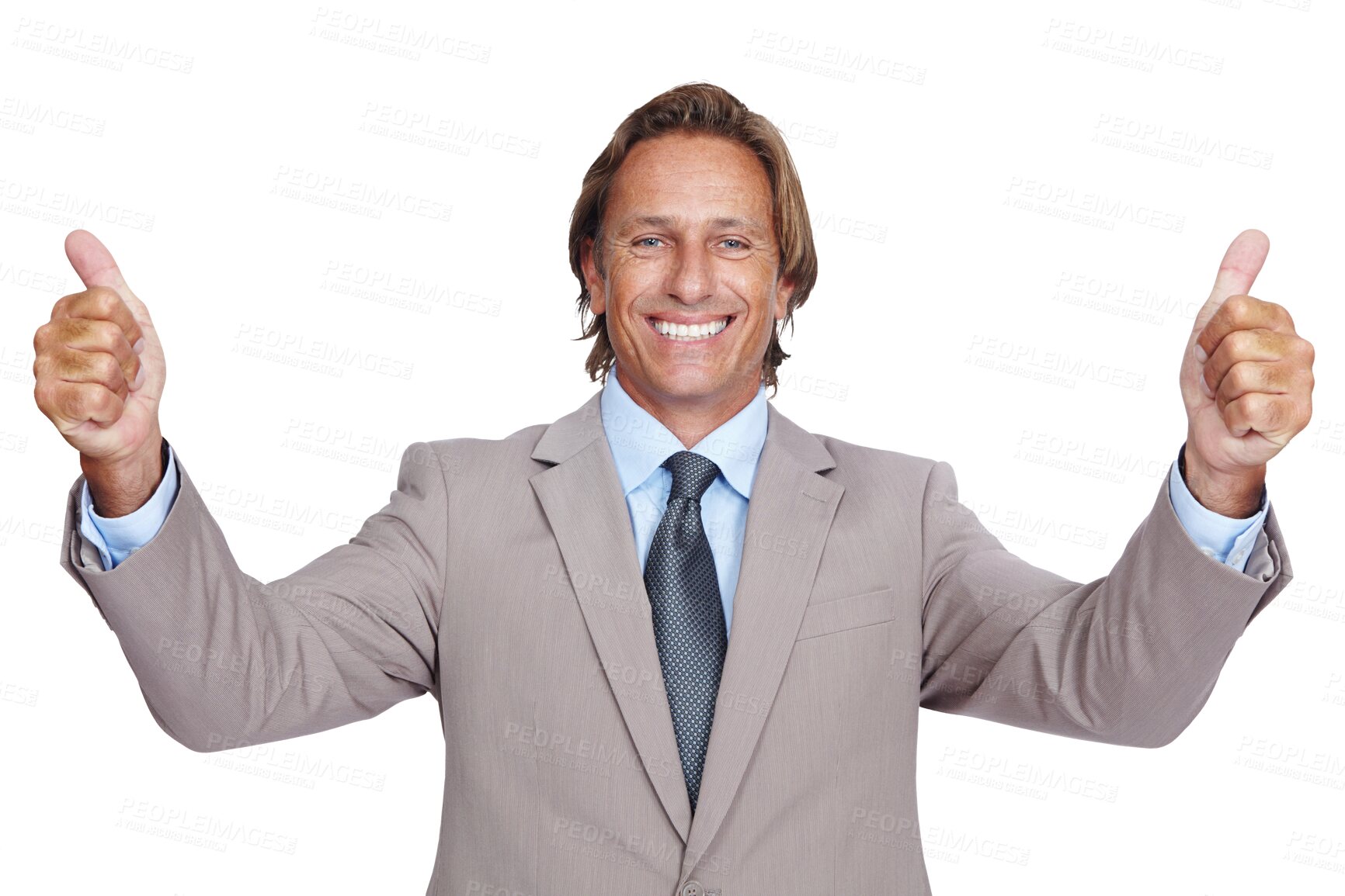 Buy stock photo Portrait, happy and business man with thumbs up isolated on a transparent png background. Success, hand gesture and mature person with like emoji for agreement, excellence or yes, approval or winning