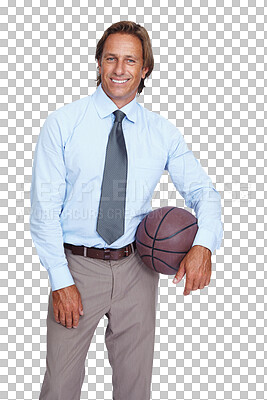 Buy stock photo Basketball, business and man portrait isolated on transparent, png background for sports management career. Leadership, game or competition and happy man, manager or person with athlete mindset