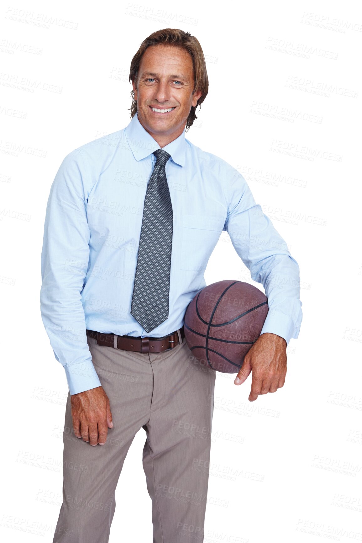 Buy stock photo Basketball, business and man portrait isolated on transparent, png background for sports management career. Leadership, game or competition and happy man, manager or person with athlete mindset