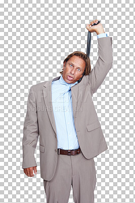 Buy stock photo Depression, portrait and man hanging from tie, suicide and worker isolated on transparent studio background. Face, male employee and employee with mental health, anxiety and necktie on png backdrop