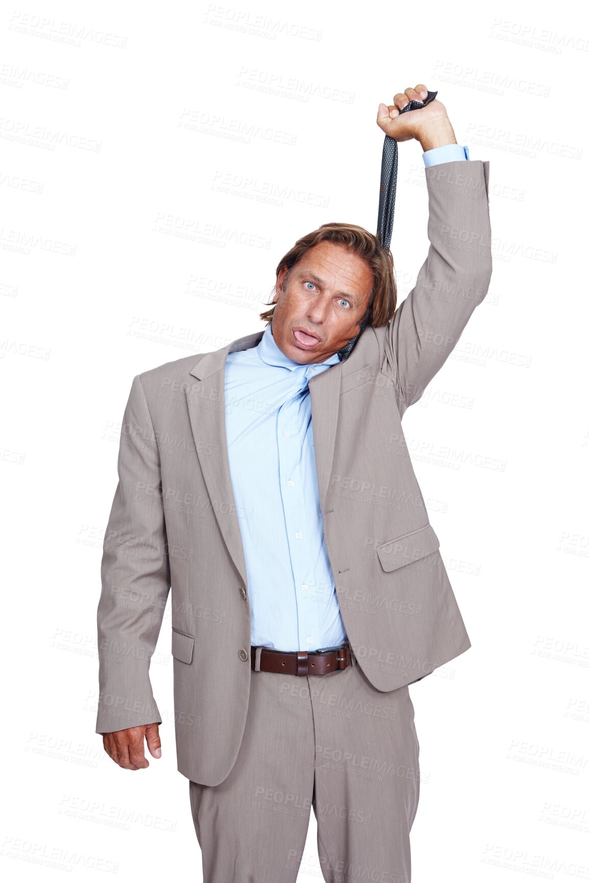 Buy stock photo Depression, portrait and man hanging from tie, suicide and worker isolated on transparent studio background. Face, male employee and employee with mental health, anxiety and necktie on png backdrop