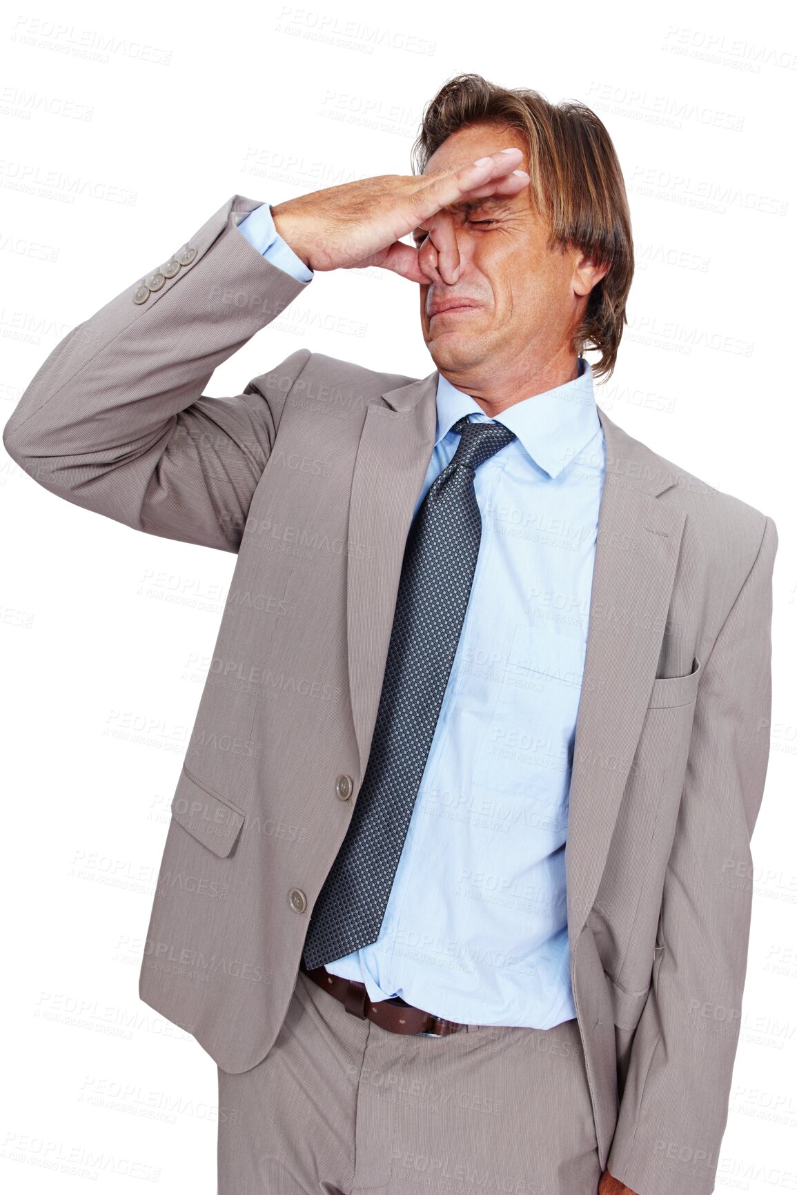 Buy stock photo Stink, disgust and PNG with a business man isolated on a transparent background holding his nose. Smelling, scent and odor with a mature male employee trying to hold his breath to avoid a bad smell