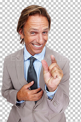 Buy stock photo Portrait, hand or businessman with a small size in studio isolated on png background to measure performance. Feedback review, scale or happy employee showing tiny or little company growth with smile