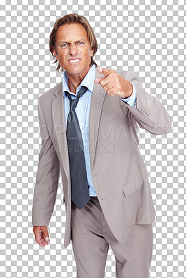 Buy stock photo Portrait, pointing to you and man angry, conflict and employee isolated against a transparent studio background. Face, male and worker with anger, fight and body language for problem on png backdrop