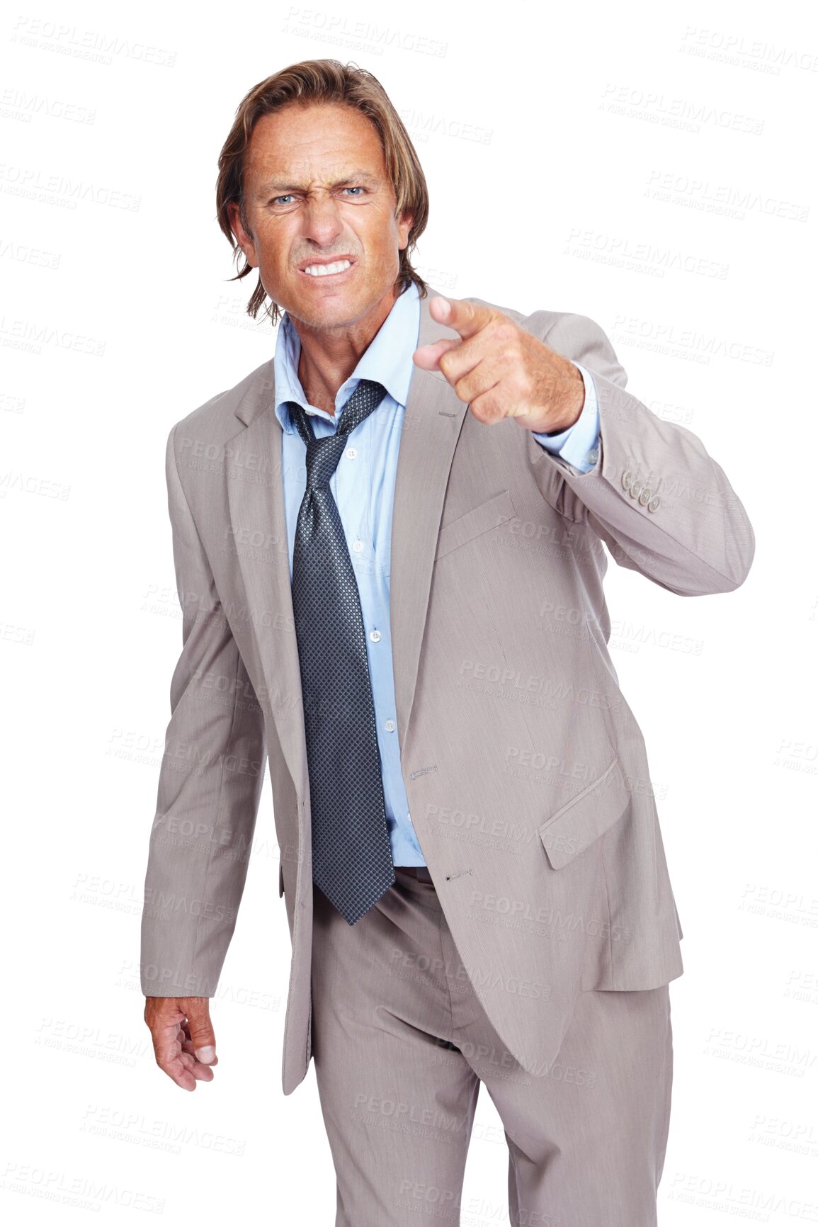 Buy stock photo Portrait, pointing to you and man angry, conflict and employee isolated against a transparent studio background. Face, male and worker with anger, fight and body language for problem on png backdrop