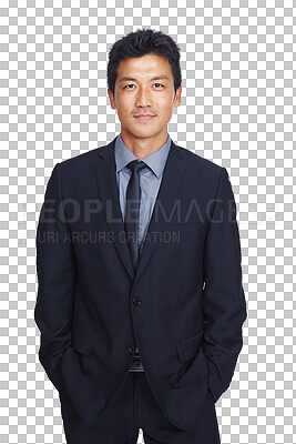 Buy stock photo Portrait, Asian and business man standing isolated on a transparent png background. Professional, male and hands in pocket, pride and confident entrepreneur, executive or serious person from Japan.