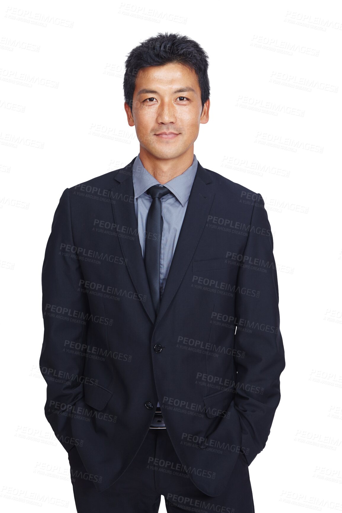 Buy stock photo Portrait, Asian and business man standing isolated on a transparent png background. Professional, male and hands in pocket, pride and confident entrepreneur, executive or serious person from Japan.