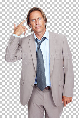 Buy stock photo Portrait, crazy or businessman with hand gun for work deadlines, stupid mistakes or mental health problems. Finger, frustrated or stressed employee thinking isolated on transparent png background