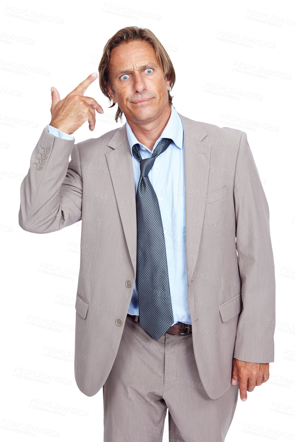 Buy stock photo Portrait, crazy or businessman with hand gun for work deadlines, stupid mistakes or mental health problems. Finger, frustrated or stressed employee thinking isolated on transparent png background