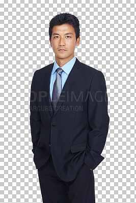 Buy stock photo Portrait, serious Asian and business man standing isolated on a transparent png background. Confidence, professional and executive, person or assertive entrepreneur from Japan with hands in pocket.